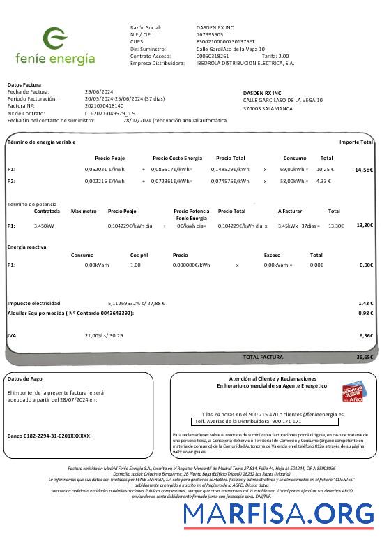 Realistic Spain Feníe Energía business utility bill template in Word and PDF formats